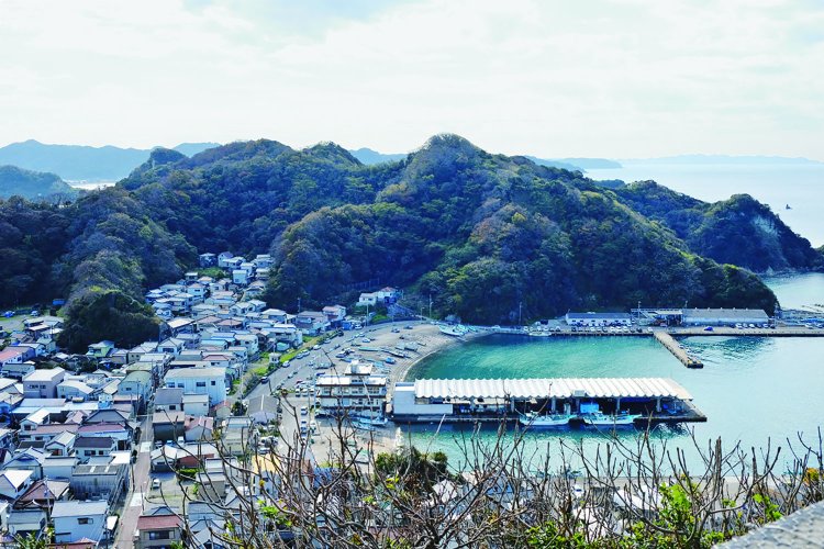 同じく大黒山展望台から勝山漁港方面。中央の小高い山が勝山城跡になる。大黒山には天守閣を模した展望台があるが、城はなかった。