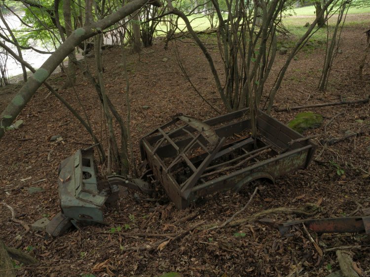 落ち葉や土と同化しているオート三輪。左後輪は無くなっている。手前の鉄片もこの車のものだろう。