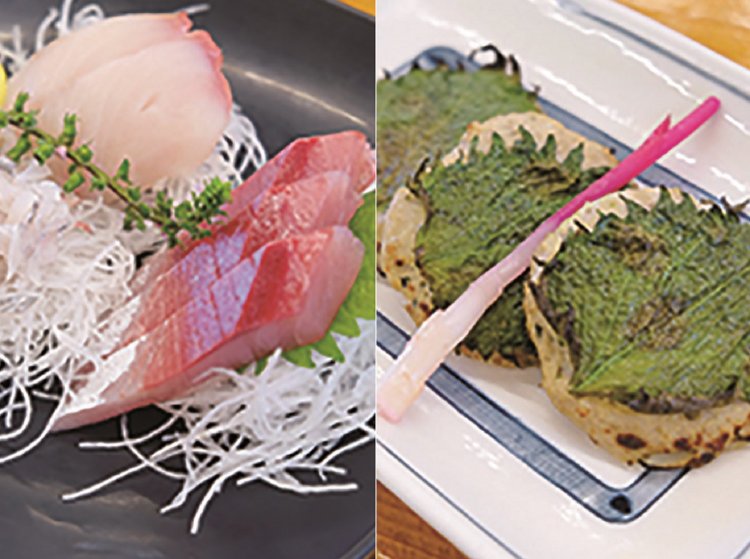 (左)刺身三点盛800円。(右)さんが焼き850円。