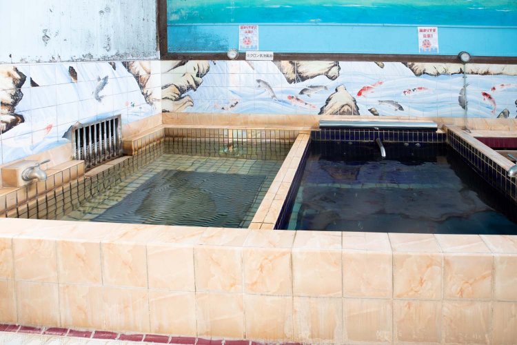 浴槽は薬湯以外に2つ。タイルに描かれた鯉の絵が美しい。