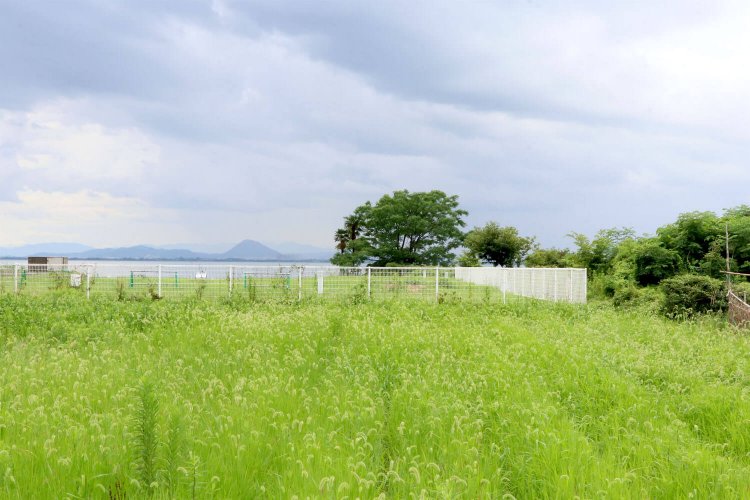 中央奥のシルエットが近江富士。