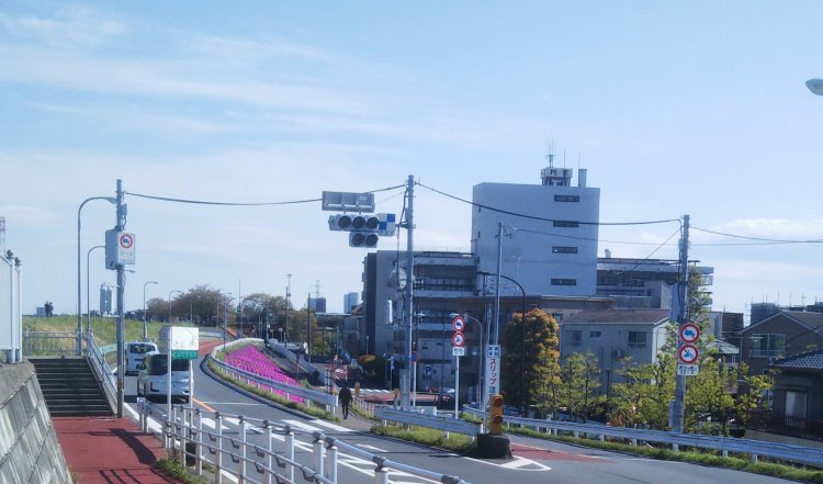 川魚料理屋『川甚』の遠景。金町方面から江戸川の右岸土手を歩いていくとき、『川甚』のビルが見えると柴又に近づいたな～と思ったもの。まさに江戸川のランドマークでした。