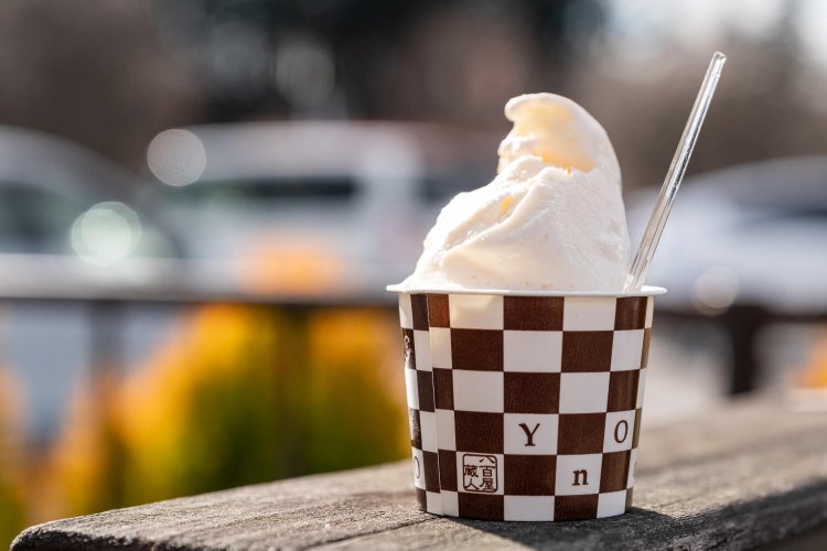 道の駅の加工・物産品館では特産のとうがらし入りジェラート330円も販売。