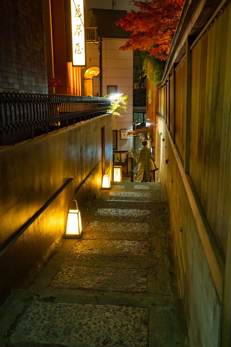 階段へ続く石畳が、照明を優しく照り返す。これぞ神楽坂の趣。