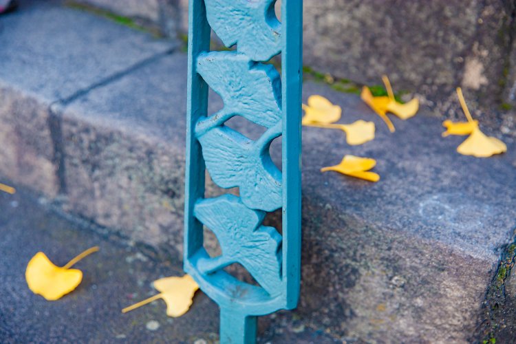 神田明神のご神木、大イチョウの葉の意匠を施した男坂の手すり。