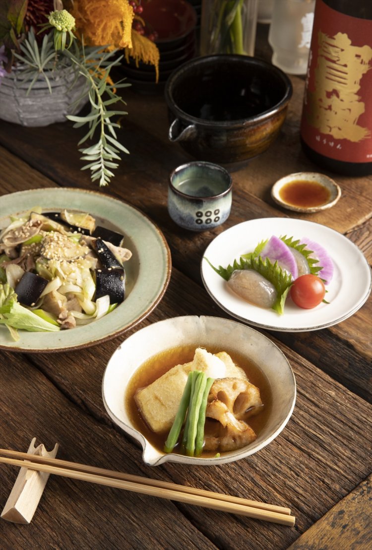 れんこんと豆腐のあげだし825円、自家製こんにゃくの刺身715円など。日本酒は宝剣純米超辛口ほか全7種で1合935円。