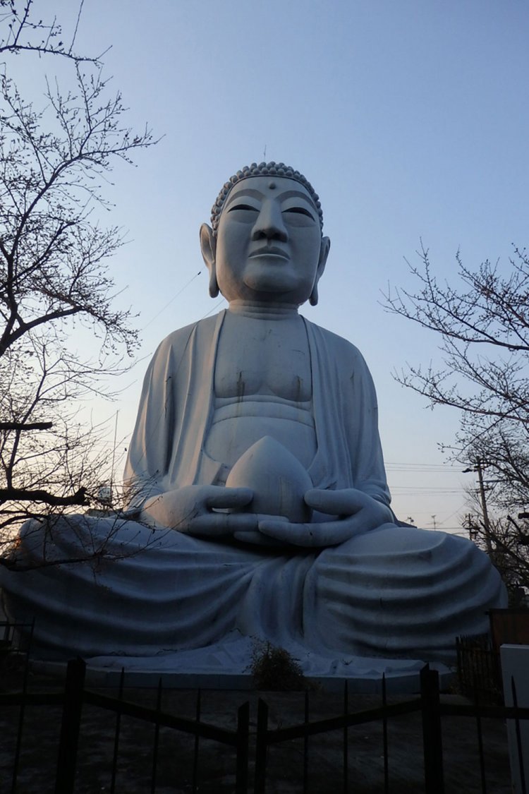 愛知県江南市の布袋の大仏（高さ18m）。最近、踏切の警告灯と重ねて撮ると「サングラスをかけているみたい」と話題に（2017年）