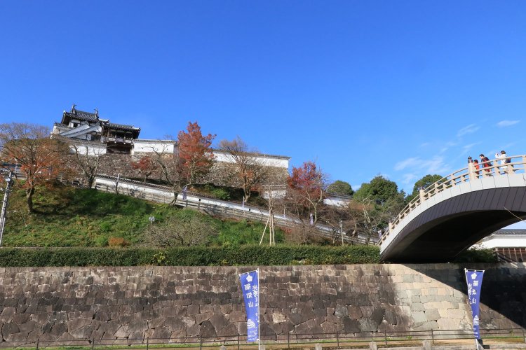 西側から見上げる福知山城。左奥のピークが天守。