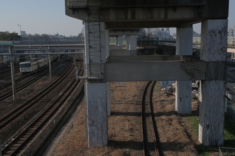 反対側をみる。北王子線の線路は東北本線や新幹線と別れる。折しも引退間際の185系の回送電車が通過。男の子は凝視していた。