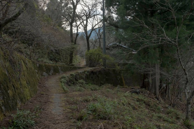 道を進む。振り返って小和田駅周囲にある廃屋をみる。車が通れないほどの小道が駅前道路。