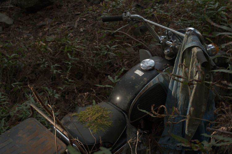先ほどの分岐道に遺棄されたバイク。苔むしてきているようだ。