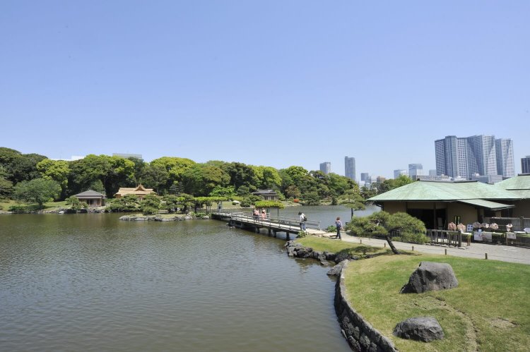 ビル群を背にしたお伝い橋と中島の御茶屋。