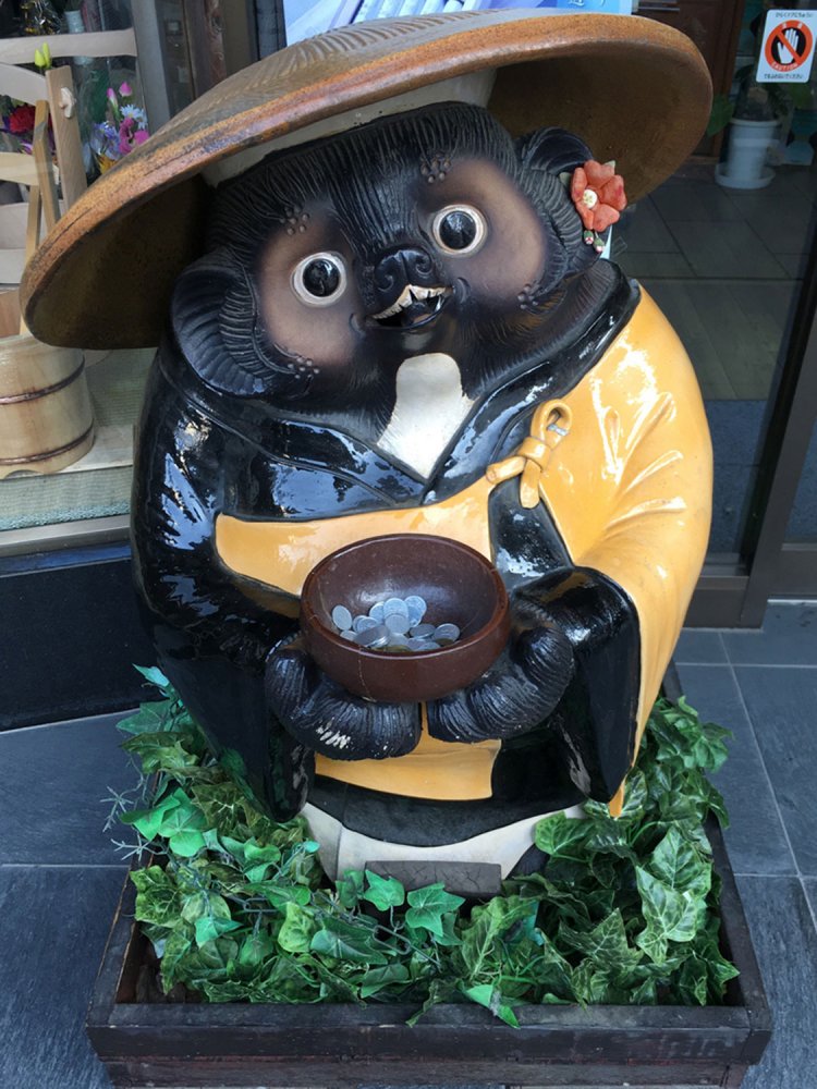 川越の仏具屋にいる托鉢タヌキ。結構小銭が入っている（2019年）