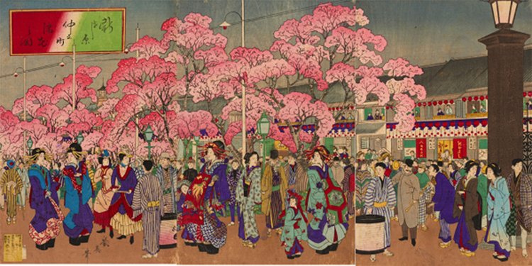 小林幾英《新よし原仲之町満花の図》明治22年（1890）大判錦絵3枚続浅井コレクション