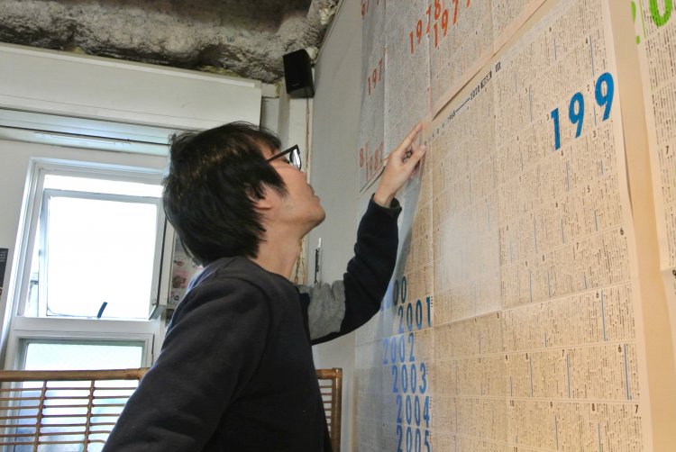 年表を丁寧にたどっていくパンスさん。やっぱり壁に貼って見るのがベスト？