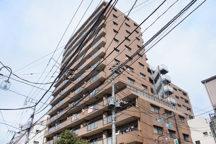 「藤和シティホームズ巣鴨STATIONVIEW」は、細長い帯状部分の建物と奥の建物が合わさっためずらしい形。