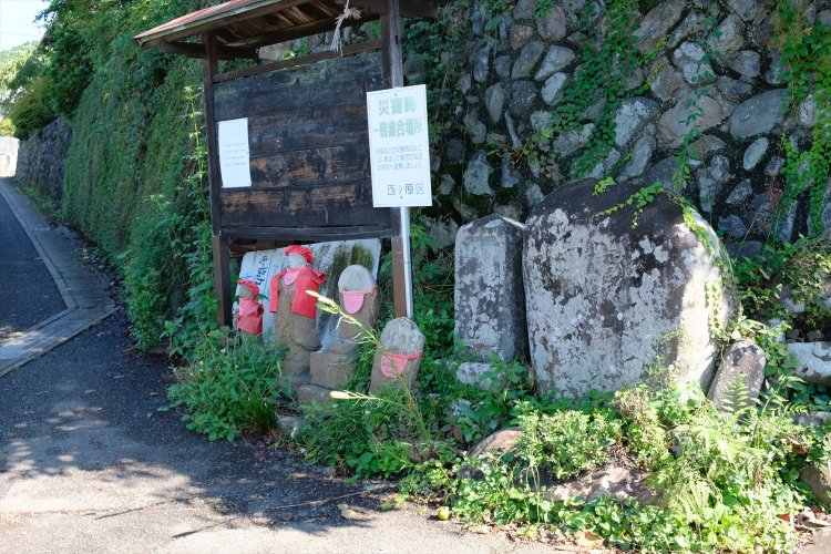 「新井二丁目」バス停から霊園方向に行くと、道の分岐に地蔵や石仏がいくつも並んでいた。