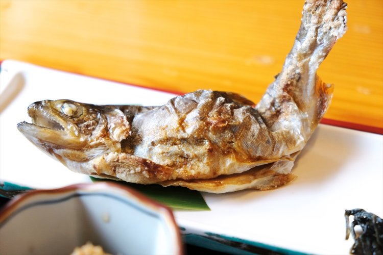 2階の食堂で、山女魚の塩焼き定食に舌鼓。枝豆などがつくビールセットもおすすめ。