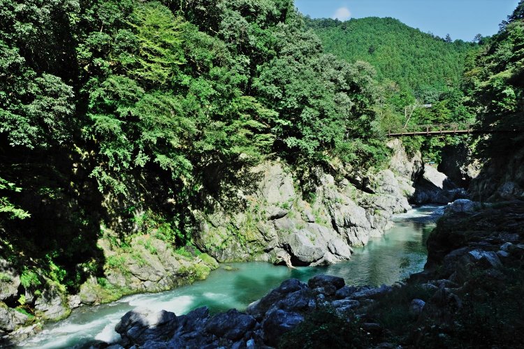 鳩ノ巣渓谷遊歩道から鳩ノ巣渓谷を望む。数100mにわたり奇岩、巨岩が。右上の橋は鳩ノ巣小橋