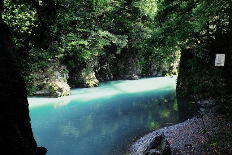 奥多摩の氷川溪谷遊歩道から多摩川を望む。登計橋を渡った先の風景。