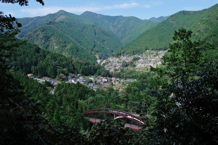 このルートで最高の展望がある、松の木尾根の展望台。鳩ノ巣の家並みと奥多摩の山々。左奥の高い山は本仁田山
