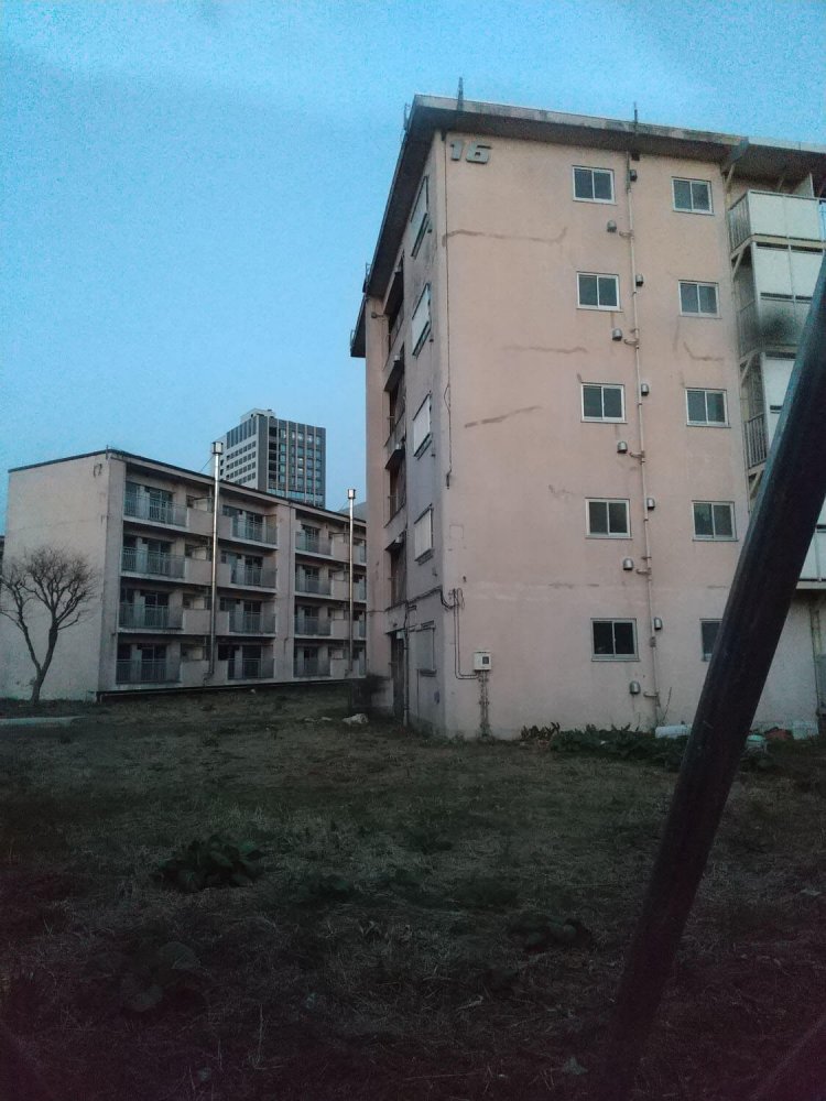 透明板から覗いた都営青山北町アパート敷地内。16号棟と17号棟。人間だけが居なくなって静まり返っている。