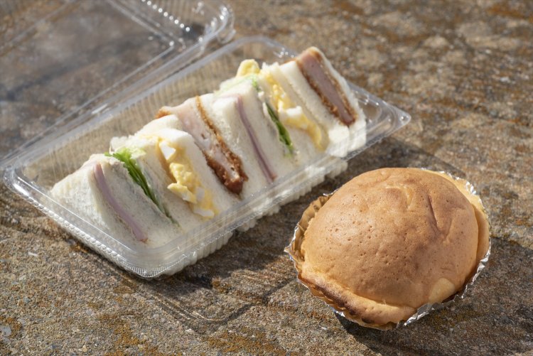 カステラ生地にカスタードクリーム入りの菓子パンUFO150円とサンドウイッチ350円。