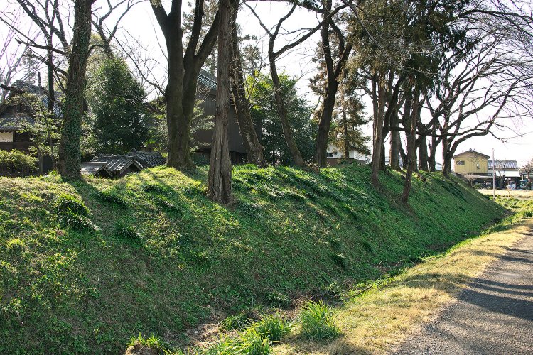 東西100m、南北80mの敷地を高さ2mの土塁が囲む。以前は堀に湧水もたまっていたとか。