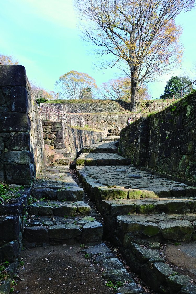 本丸に行く大手道にある大手虎口。両側の曲輪から敵を攻撃できる。中央部の溝は排水路になっている。