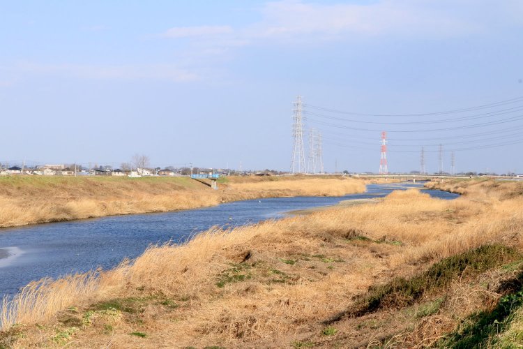 緩やかに蛇行しながら流れる小山川。