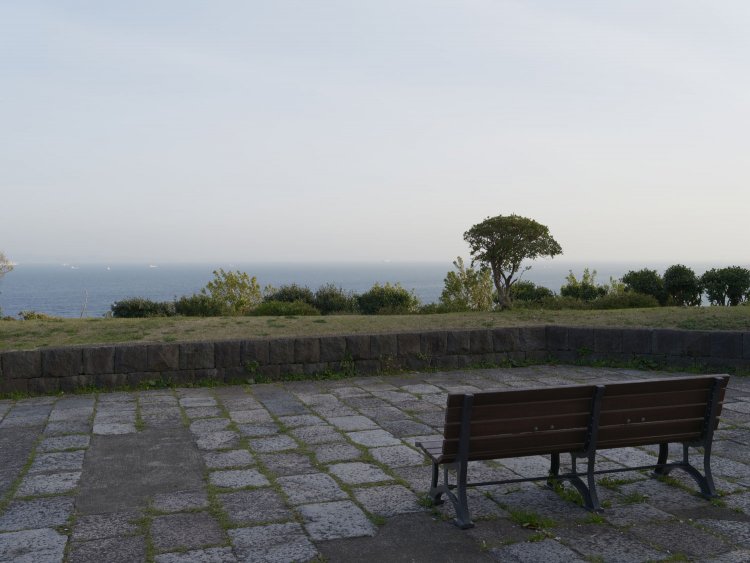 海の見晴台。浦賀水道を行き交う様々な船舶を望める。見晴台が整備される前は砲座部分だったそうだ。