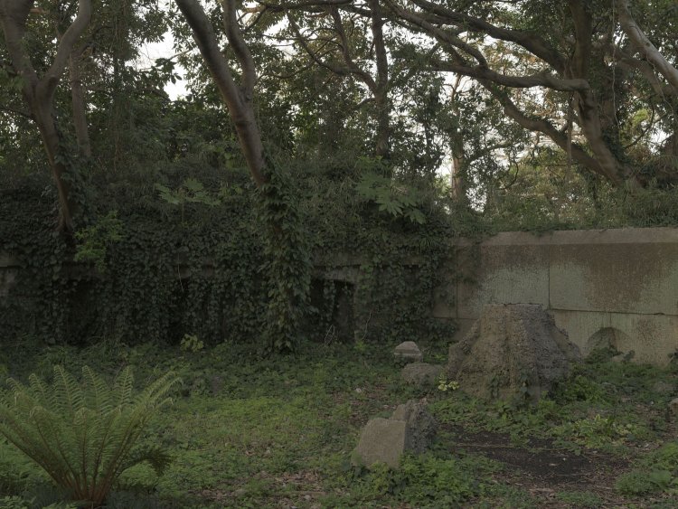 蔦や木で覆われた胸墻。砲座には二十四センチ加農砲が配備されていた。