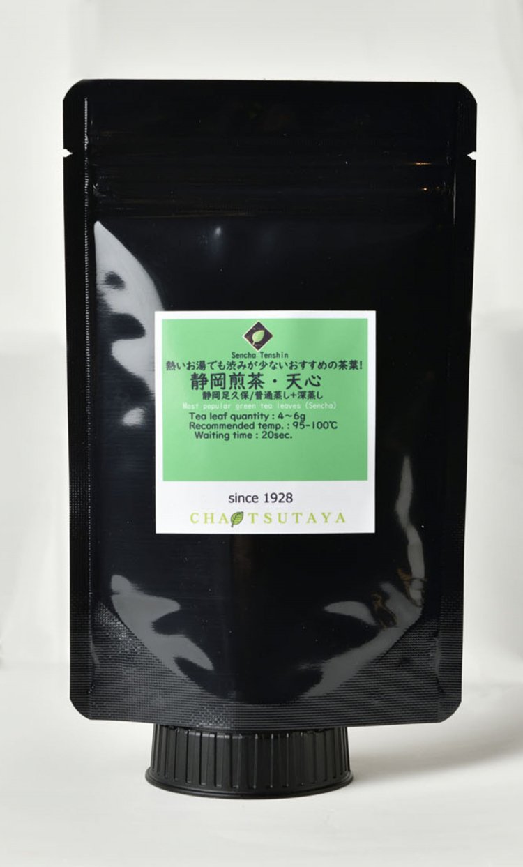 静岡煎茶・天心40g 486円。どの温度でもおいしい。