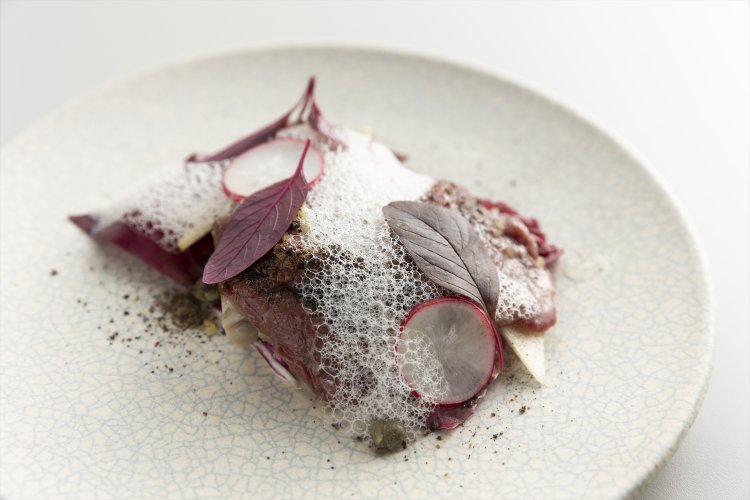 ディナーコースは7150円。トマト出汁で軽くボイルした牡蠣に馬肉を合わせた、ハーブやレモンが香る前菜。