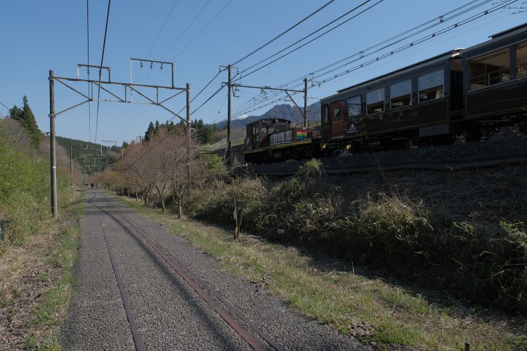 上り線を歩いていると再びシェルパくんが通過していく。舗装された上り線と現役の下り線。ここの廃線跡は二つの顔を持つ。