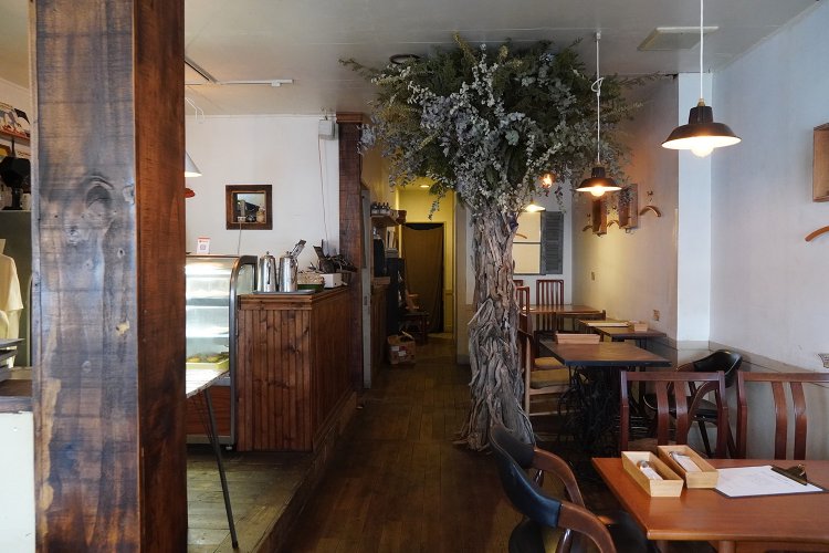 古い木材を使ったカウンターや床が白い壁に映える。