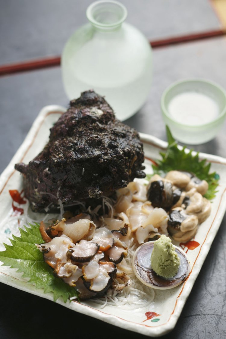 超がつくほど大粒なサザエの刺し身1200 円～。貝の大きさで価格が変わる。旨味ぎっしり、コリコリの歯ごたえ。