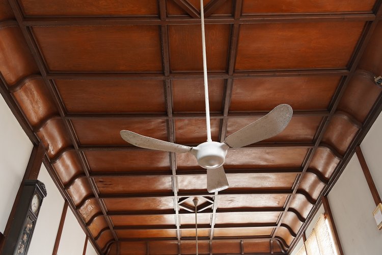 見上げると、格子状の木目が本当にきれいな天井。広さを体感する。