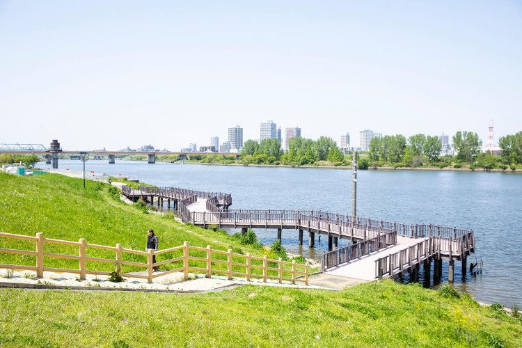 荒川河川敷に敷かれたウッドデッキの先にはバーベキュー場もある。