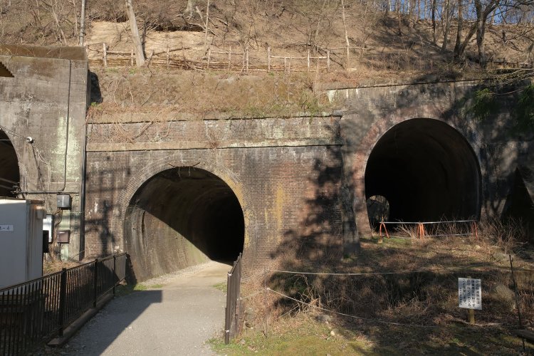 横川方旧線の本線“第10トンネル”の右側にあるのは引上線用のトンネル。出口の先で行き止まりだ。