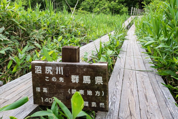木道上に設置された県境標識に、尾瀬が県をまたぐ広大な地であることを実感。