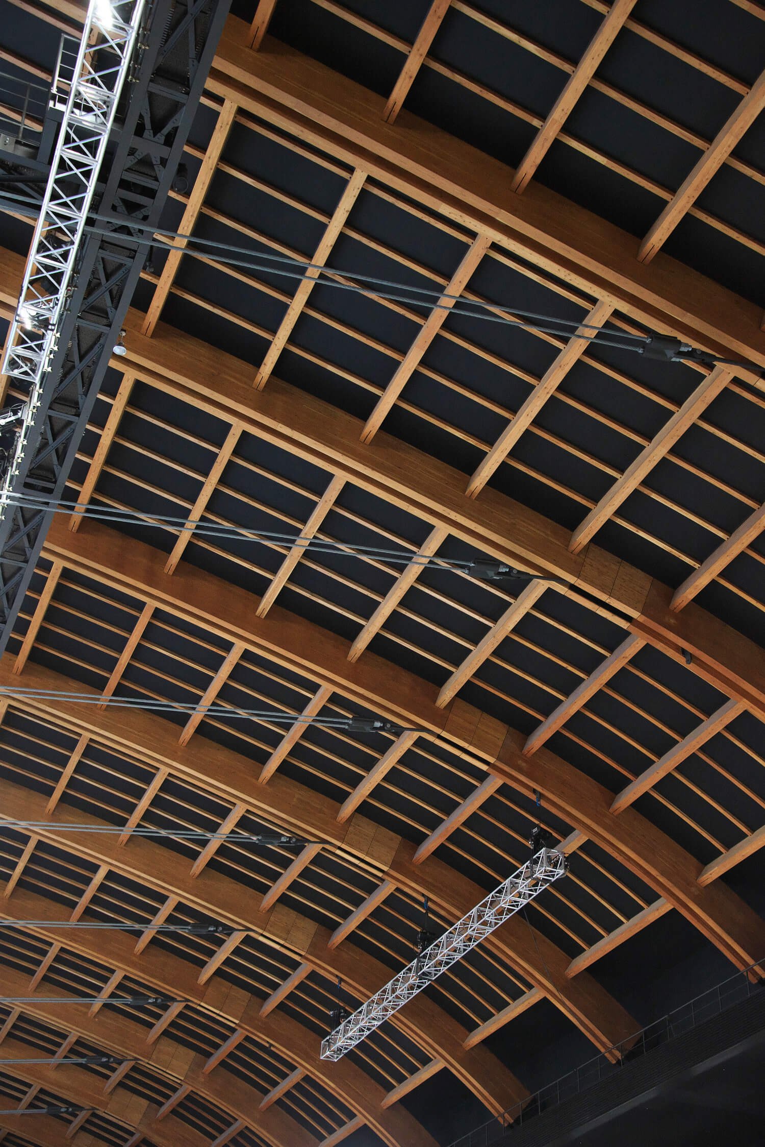 屋根は世界最大級の全長約90mもの木造アーチが支える。天井は国産カラマツ材を使用。外装には国産スギ材。