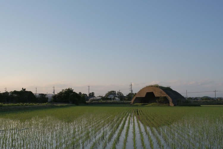 夕焼けで照らされる掩体壕。凸型が特徴的で、機首とプロペラ部分が入れるようにかき取られている。
