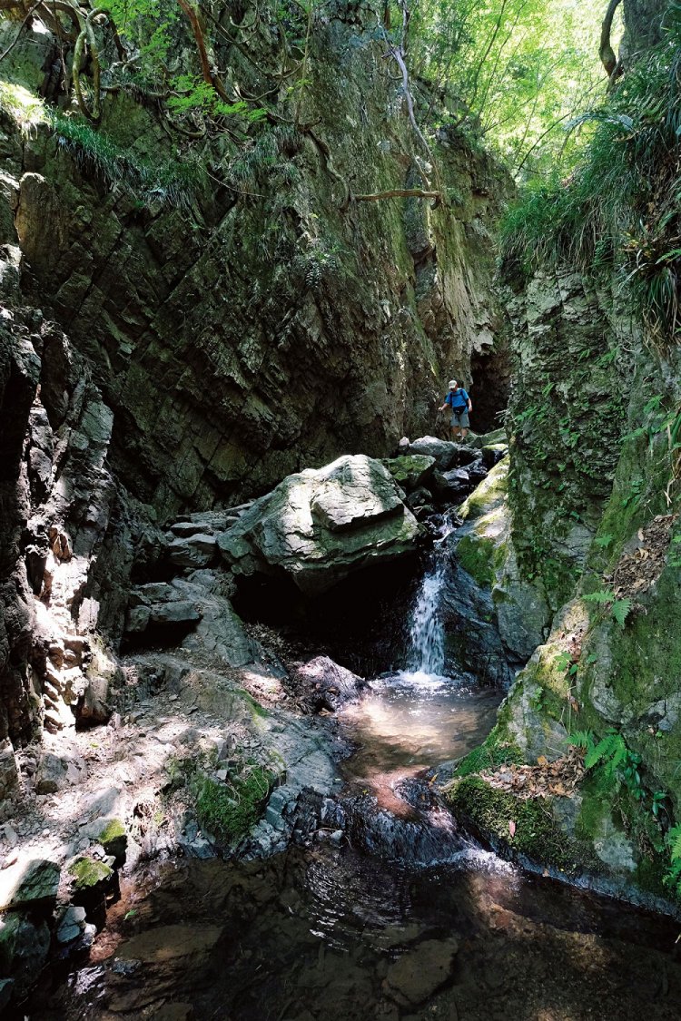白谷沢のまさに核心部のゴルジュ地帯。これを抜けるとクサリ場があり岩を上がるが、危険ではない。