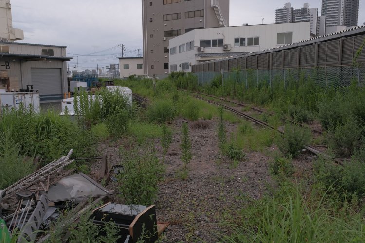 左のゴミが溜まっているところでもう一方の線路は途切れている。その先は路盤が無くなっている。削られたのか、もともと無かったか判別できなかった。