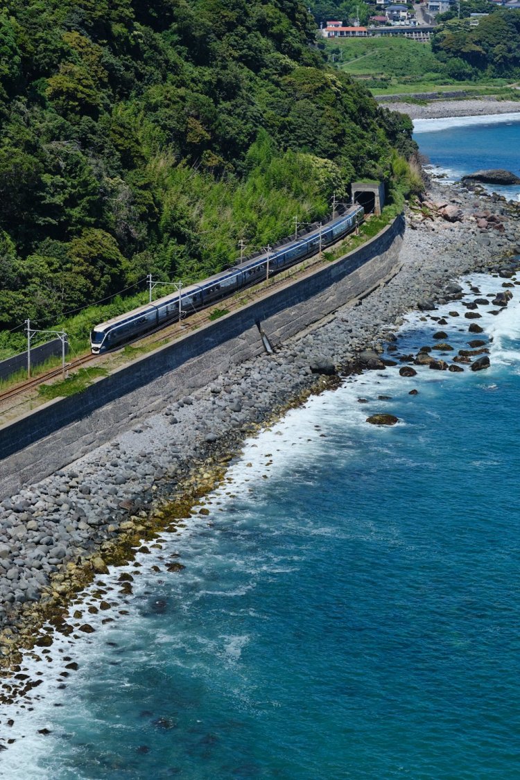 伊豆稲取の海辺を走るサフィール踊り子。伊豆稲取～今井浜海岸周辺は特に海が近くに。