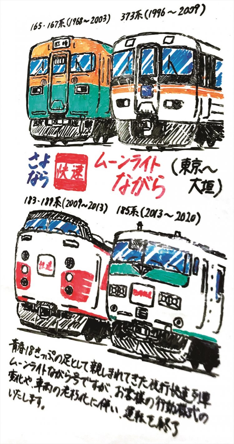 東京～大垣を結んだ快速「ムーンライトながら」が引退したときのもの。車両の変遷を描いた。