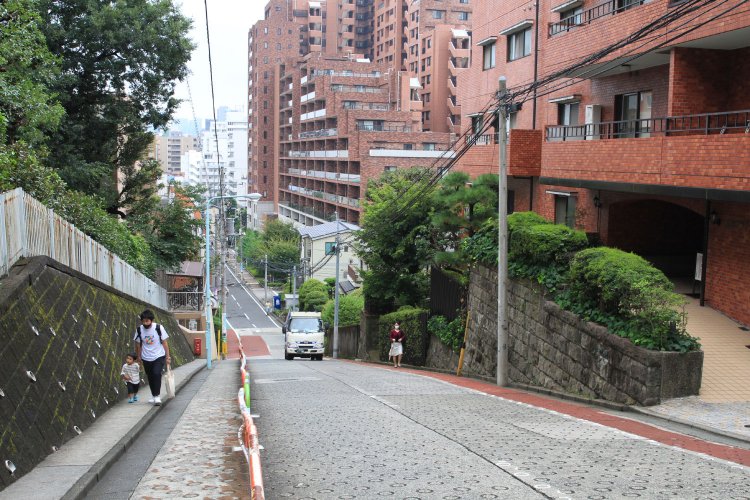 自動車が通行できる道路としては、傾斜・延長距離ともに都心部随一ののぞき坂。