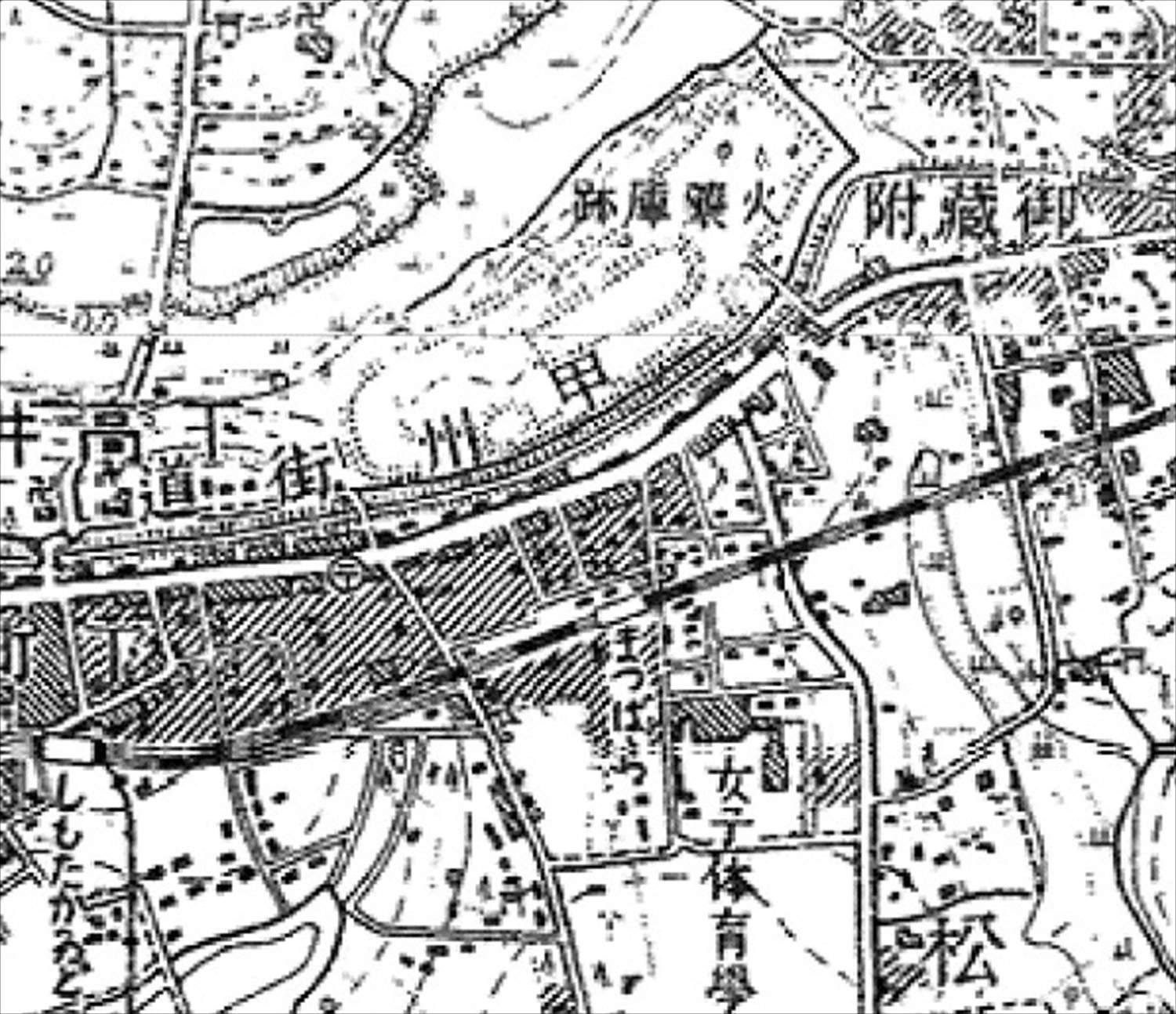 昭和6年(1931)ごろの様子。火薬庫跡の真南に松原駅があった。(「今昔マップ on the web」より)