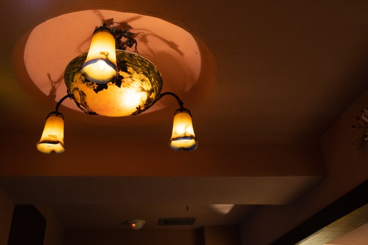 入り口の頭上にはエミール・ガレの照明。